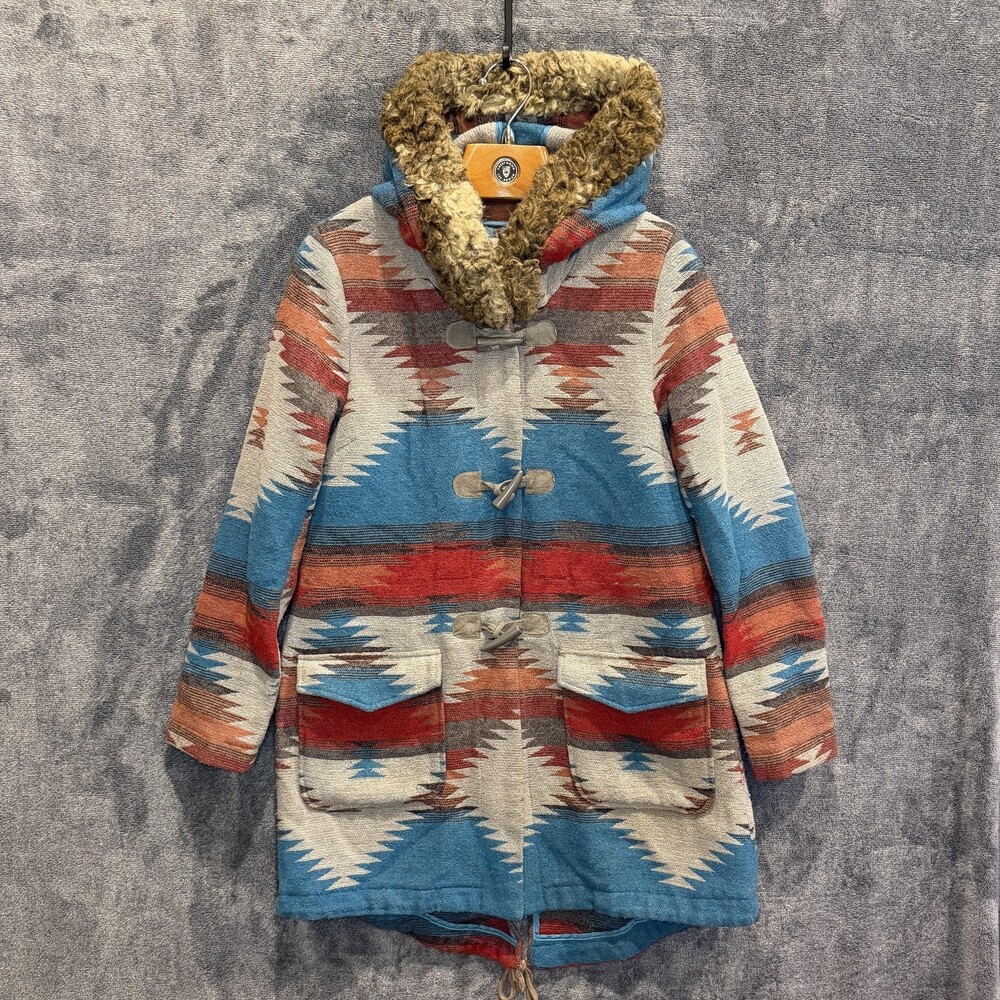 BB Dakota Coat Womens Medium Blue Red Aztec Hooded Duffle Toggle Wool Blend